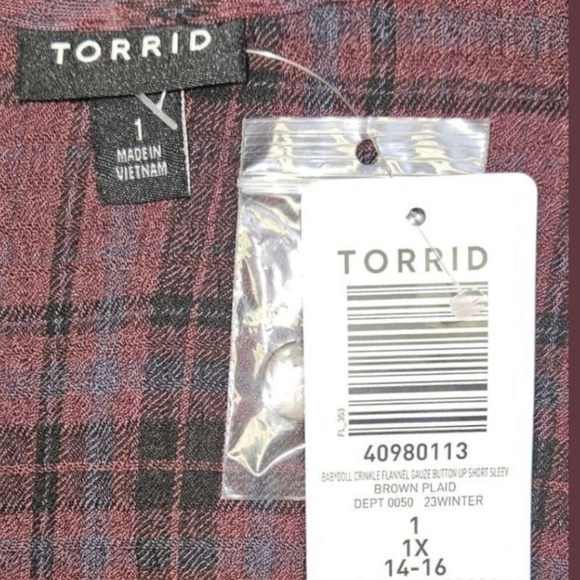 TORRID Babydoll Crinkle Flannel Gauze  Button- Up Short Sleeve Plaid Shirt 1X - Picture 10 of 16